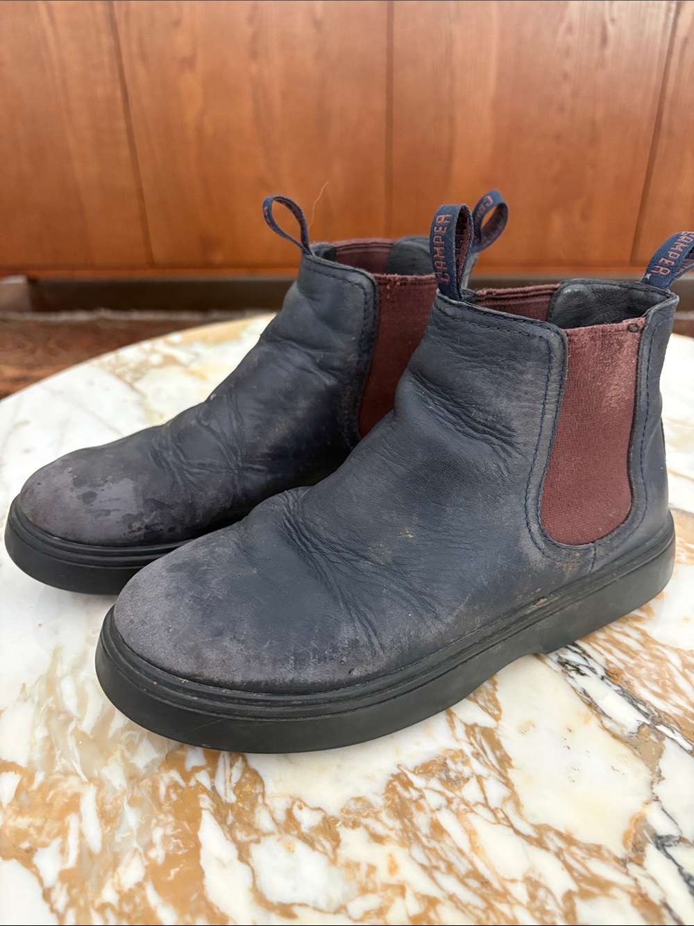 Camper Kids Navy Leather Chelsea Boots with Maroon Elastic
